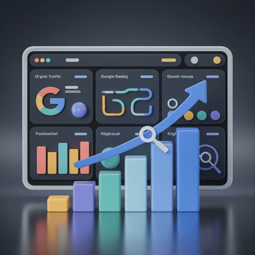SEO analytics dashboard showing organic traffic growth and improved Google rankings