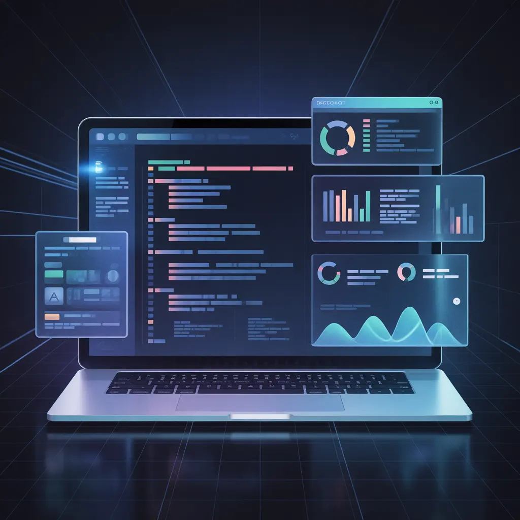 Professional web development services showing code, dashboards, and website performance analytics