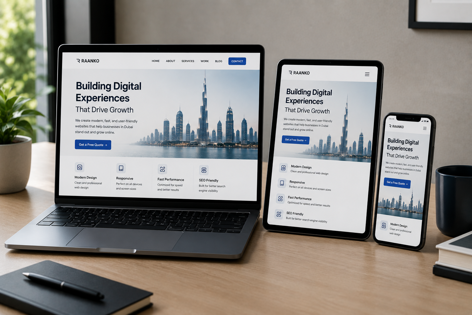 Mobile-first responsive web design displayed across laptop tablet and smartphone for Dubai businesses