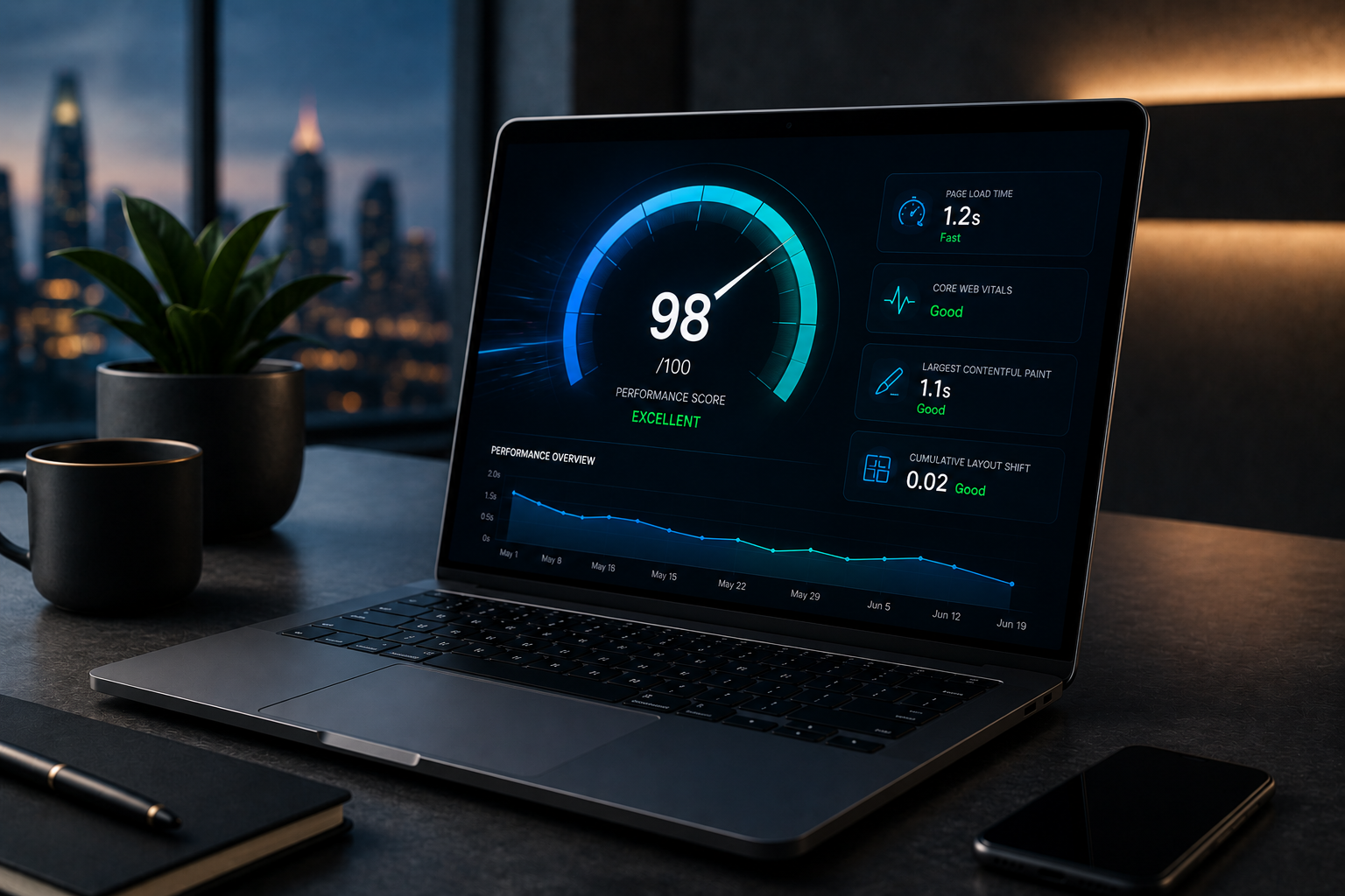 Fast website performance dashboard displayed on a modern laptop for Dubai businesses