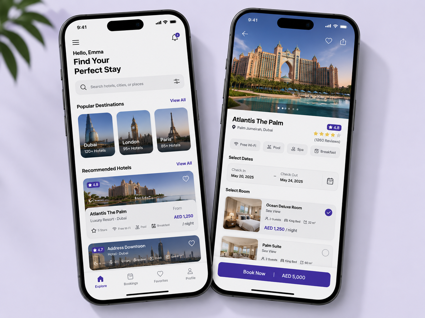 Booking app design services UAE with hotel search room selection and reservation interface