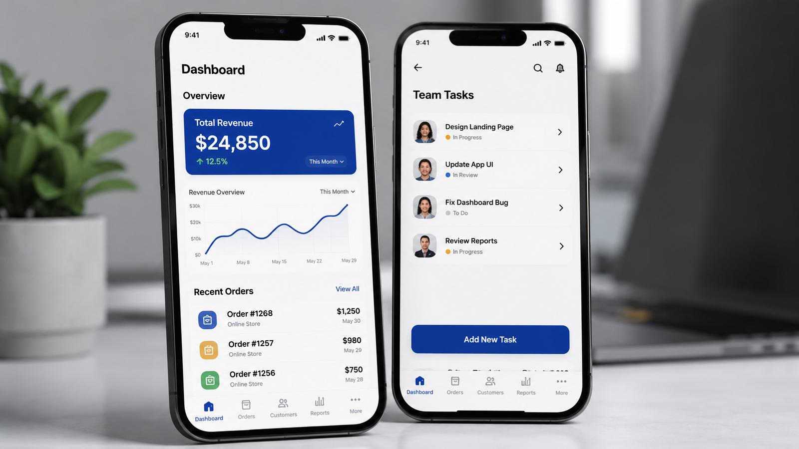 Professional business mobile app design Dubai with dashboard analytics and task management