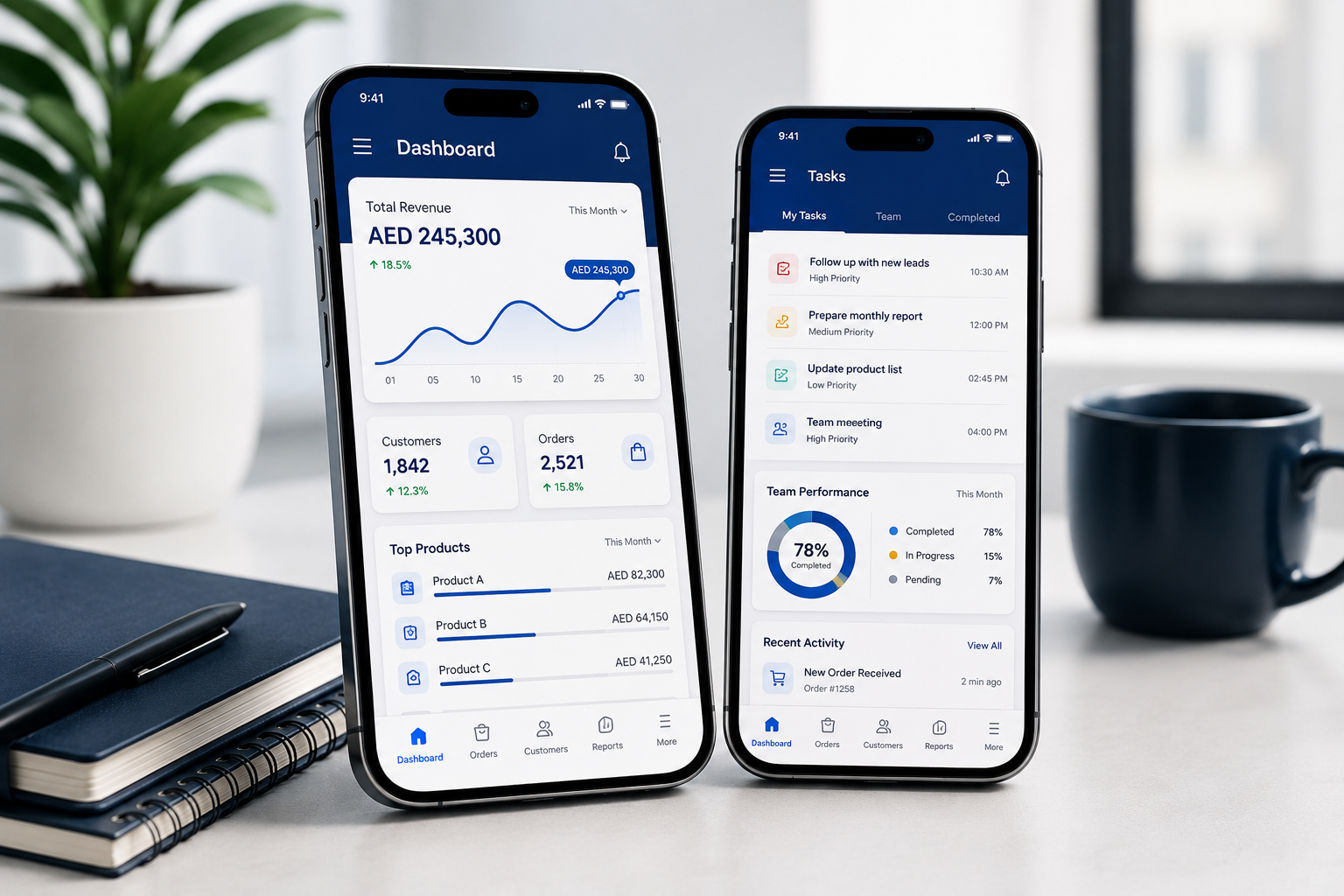 Business mobile app design Dubai with professional dashboard interface
