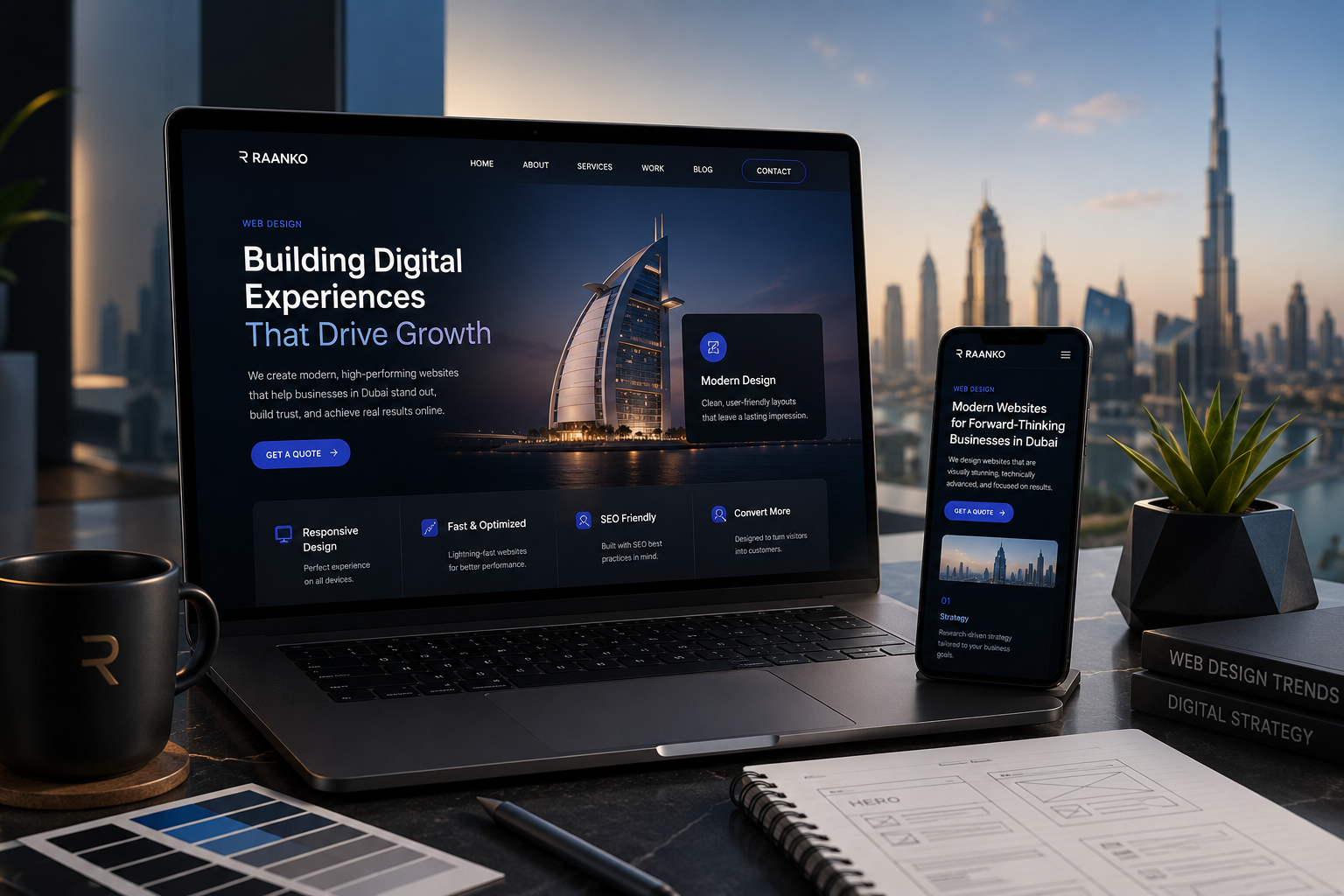 Modern responsive website displayed on a laptop and smartphone for Dubai businesses