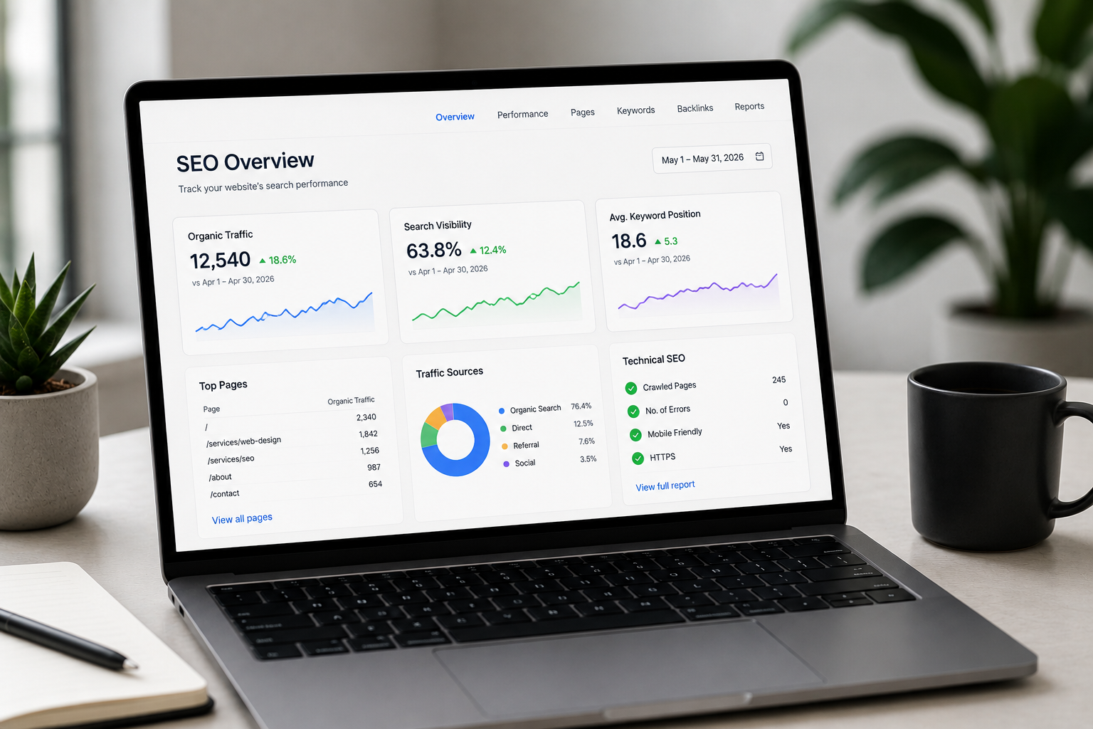 SEO-friendly website structure and search performance dashboard for Dubai businesses