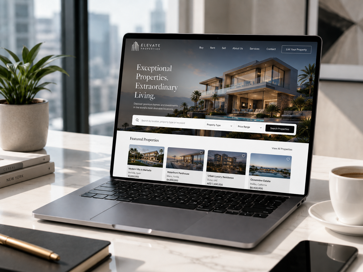 Luxury real estate website displayed on a modern laptop showing professional web design for Dubai businesses