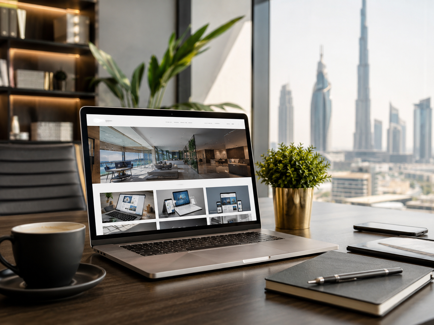 Professional website portfolio displayed on a laptop in a modern Dubai office