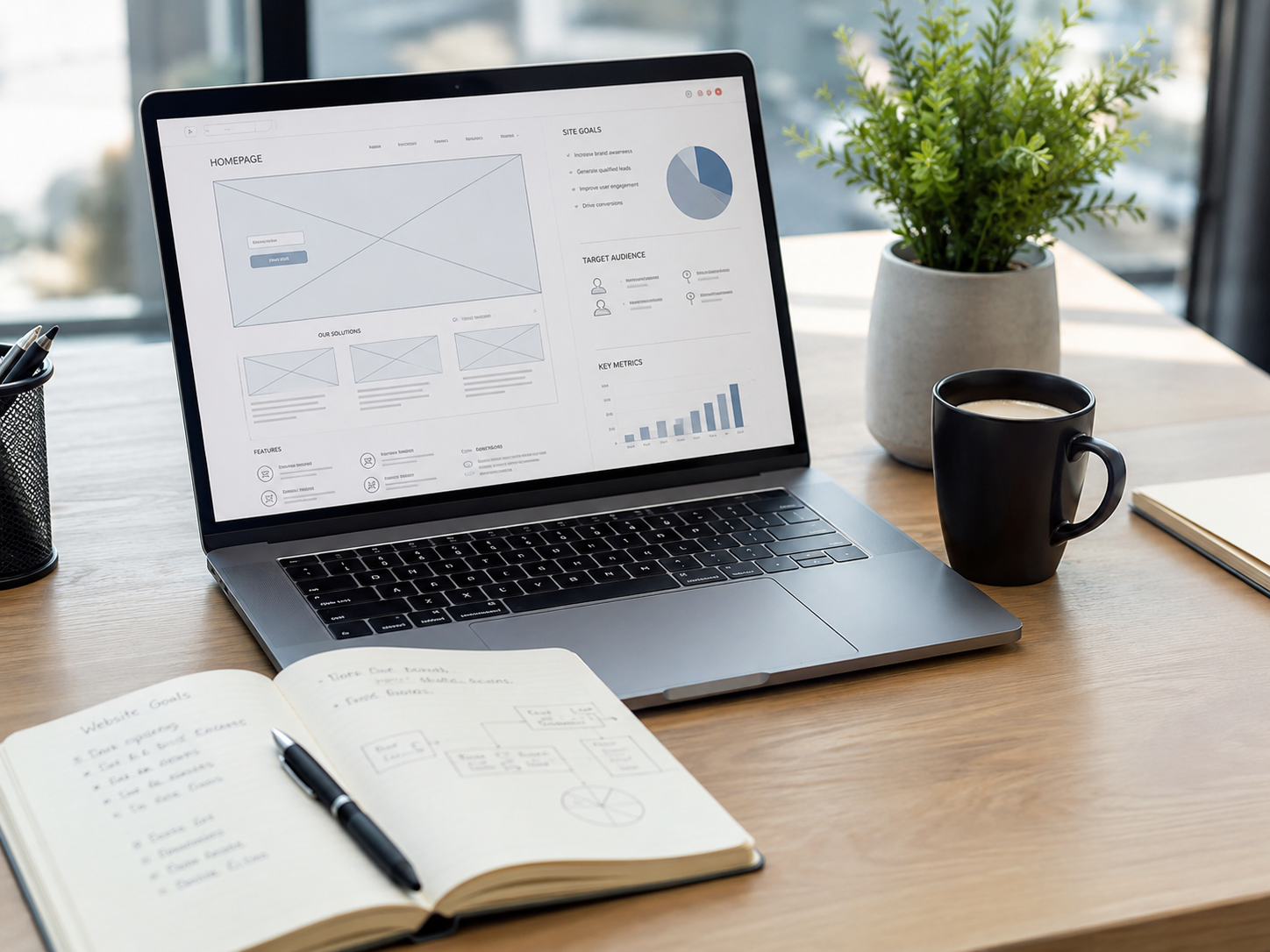 Website planning dashboard and business goals displayed on a laptop for a Dubai web design project