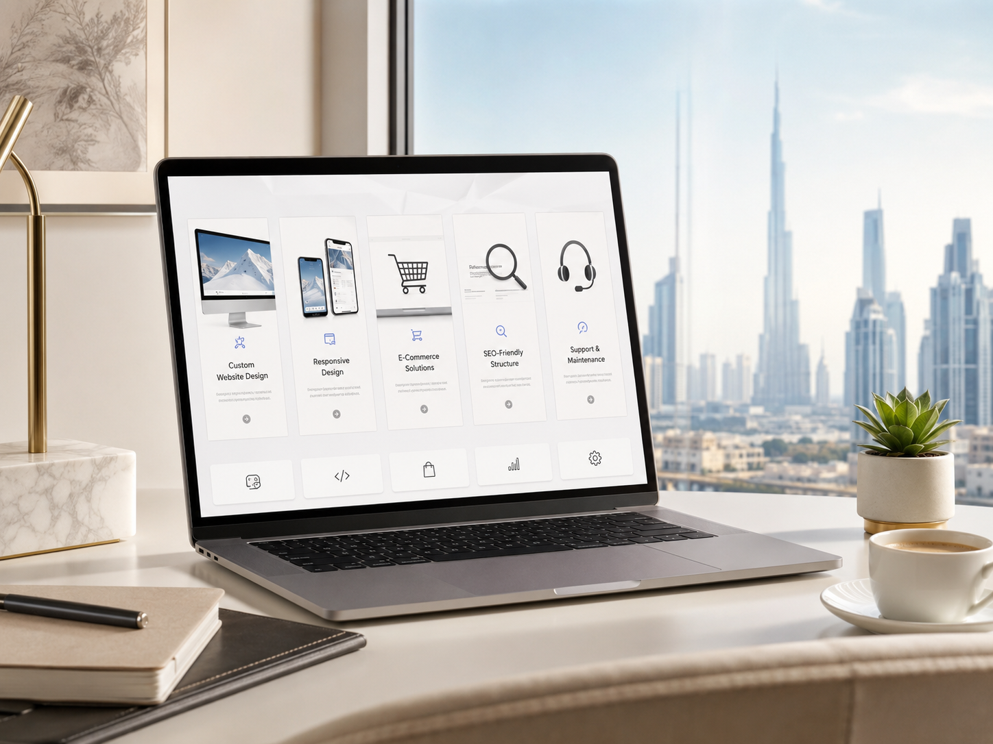 Web design services including responsive design ecommerce SEO and website support displayed on a laptop in Dubai