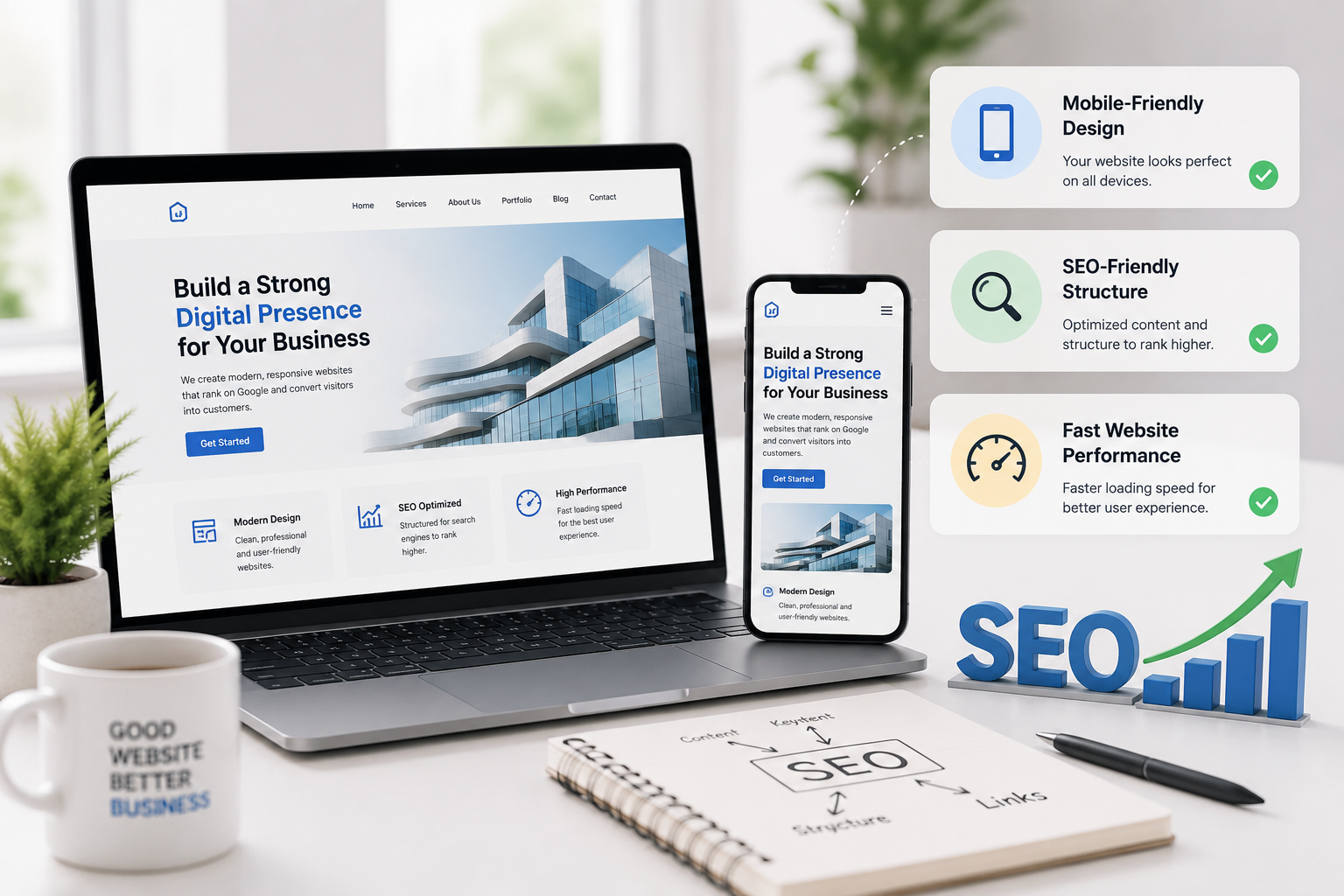 Mobile-friendly website and SEO optimization displayed on a laptop and smartphone for a Dubai business