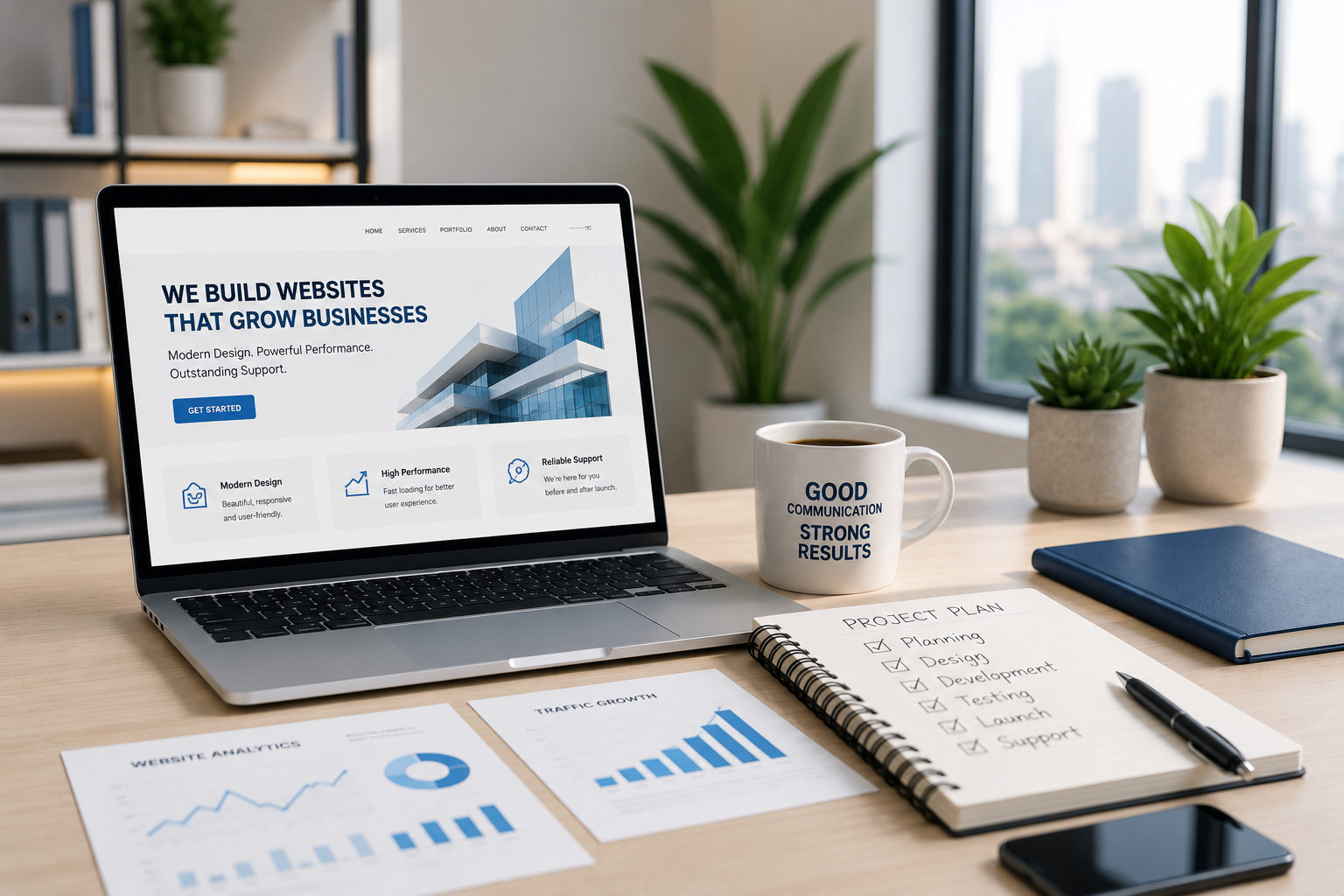 Professional communication and website support workspace with laptop and project planning documents for a Dubai web design company