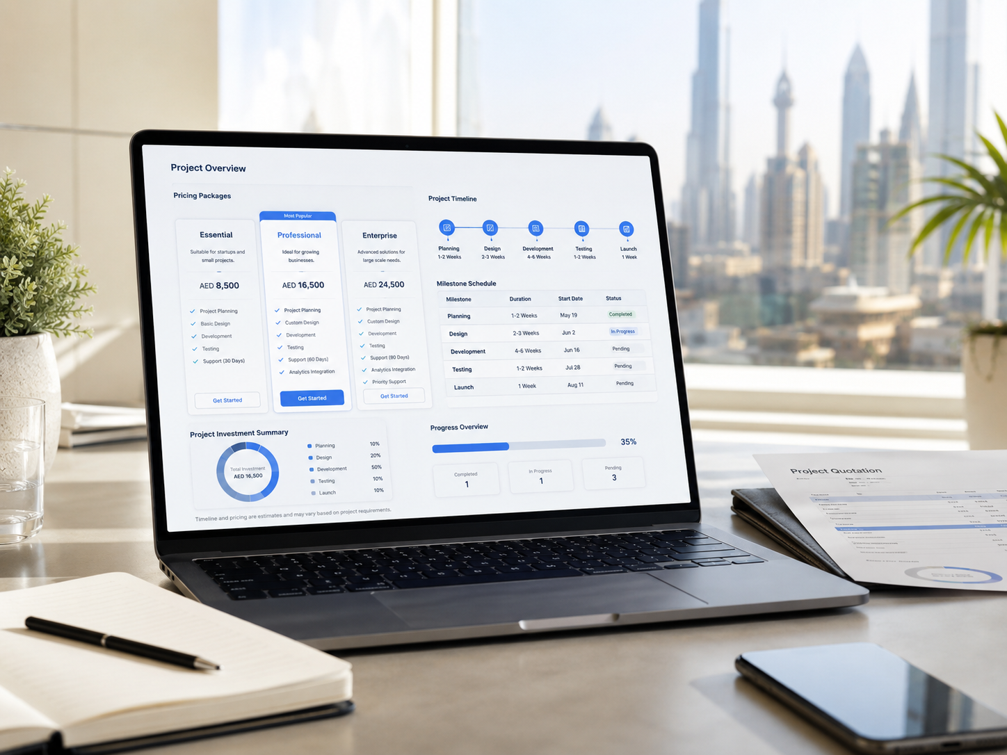 Website design pricing packages and project timeline displayed on a laptop for a Dubai web design project