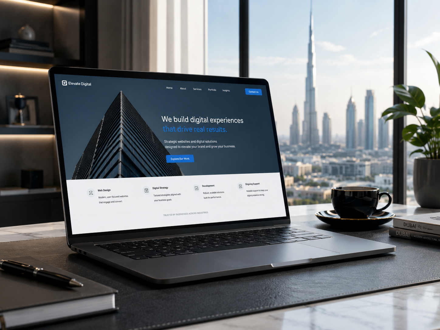 Professional web design company workspace with a modern website displayed on a laptop overlooking Dubai