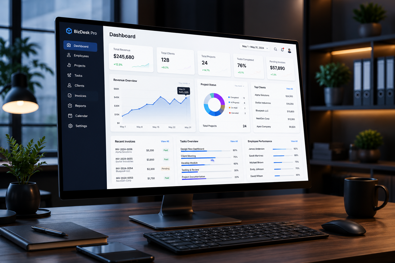 Business management desktop application development for projects employees clients tasks and invoices