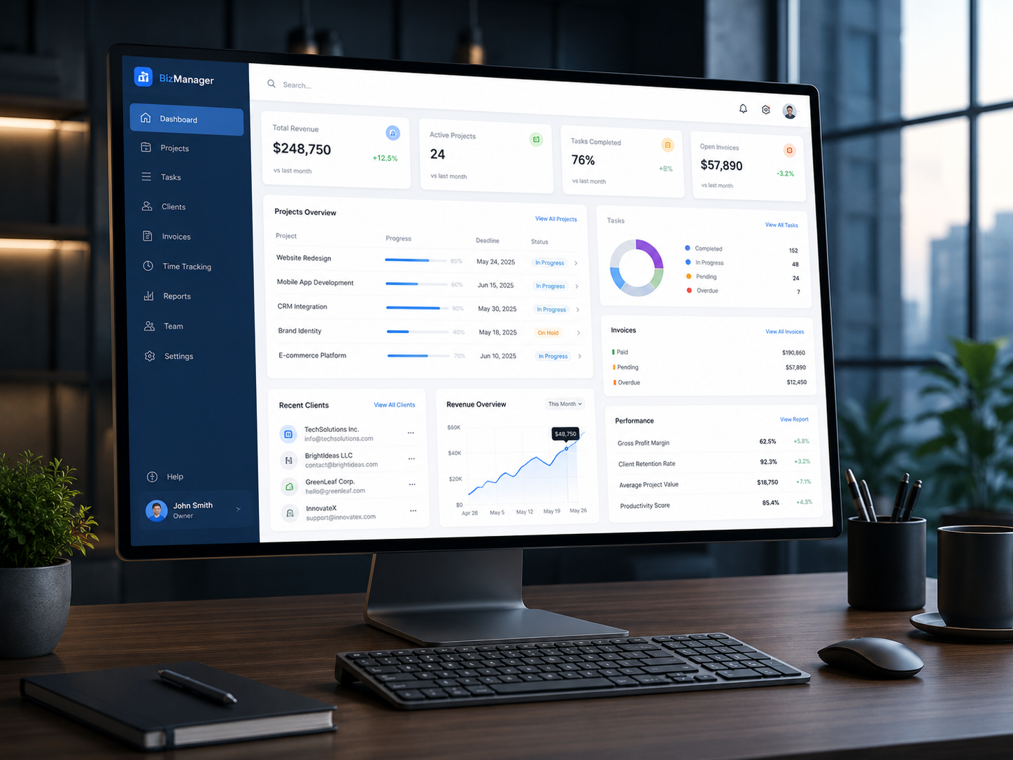 Business management custom desktop apps for company operations projects clients and tasks