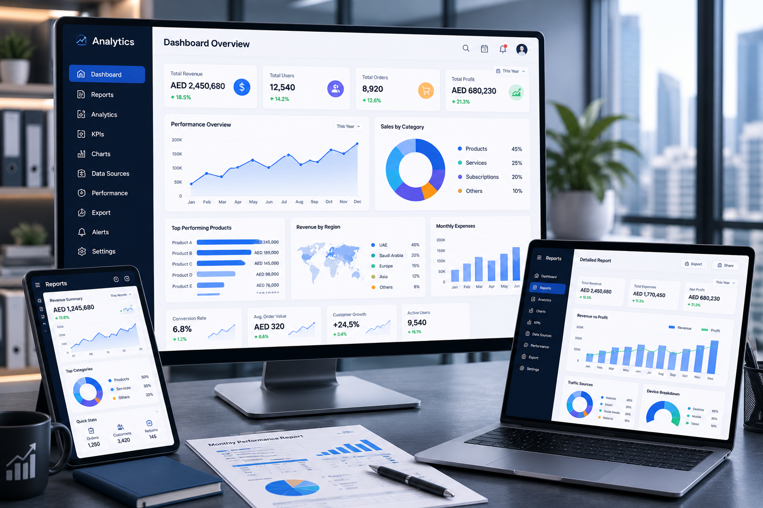 Analytics and reporting desktop software with dashboards charts KPIs and business data