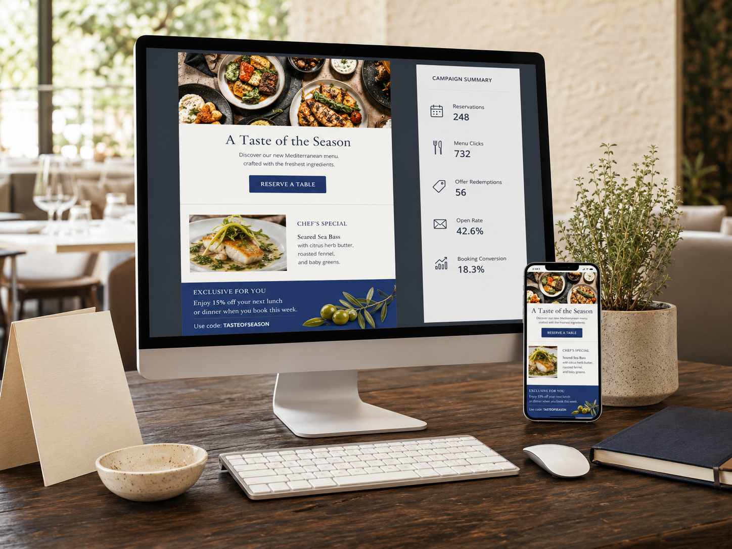 Restaurant newsletter marketing campaign with menu promotions reservations and email performance