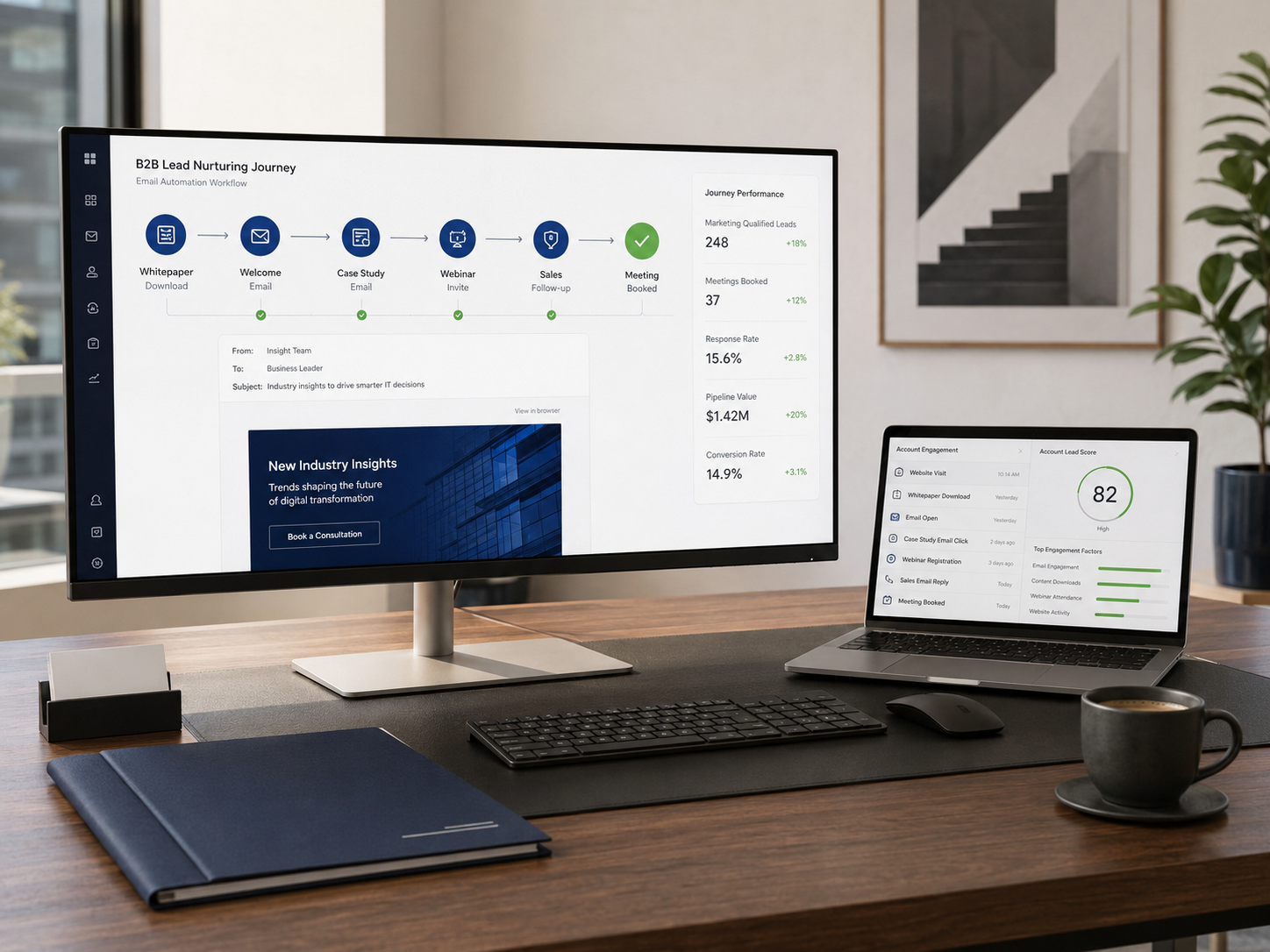 Corporate B2B email automation campaign with lead nurturing and meeting conversion workflow