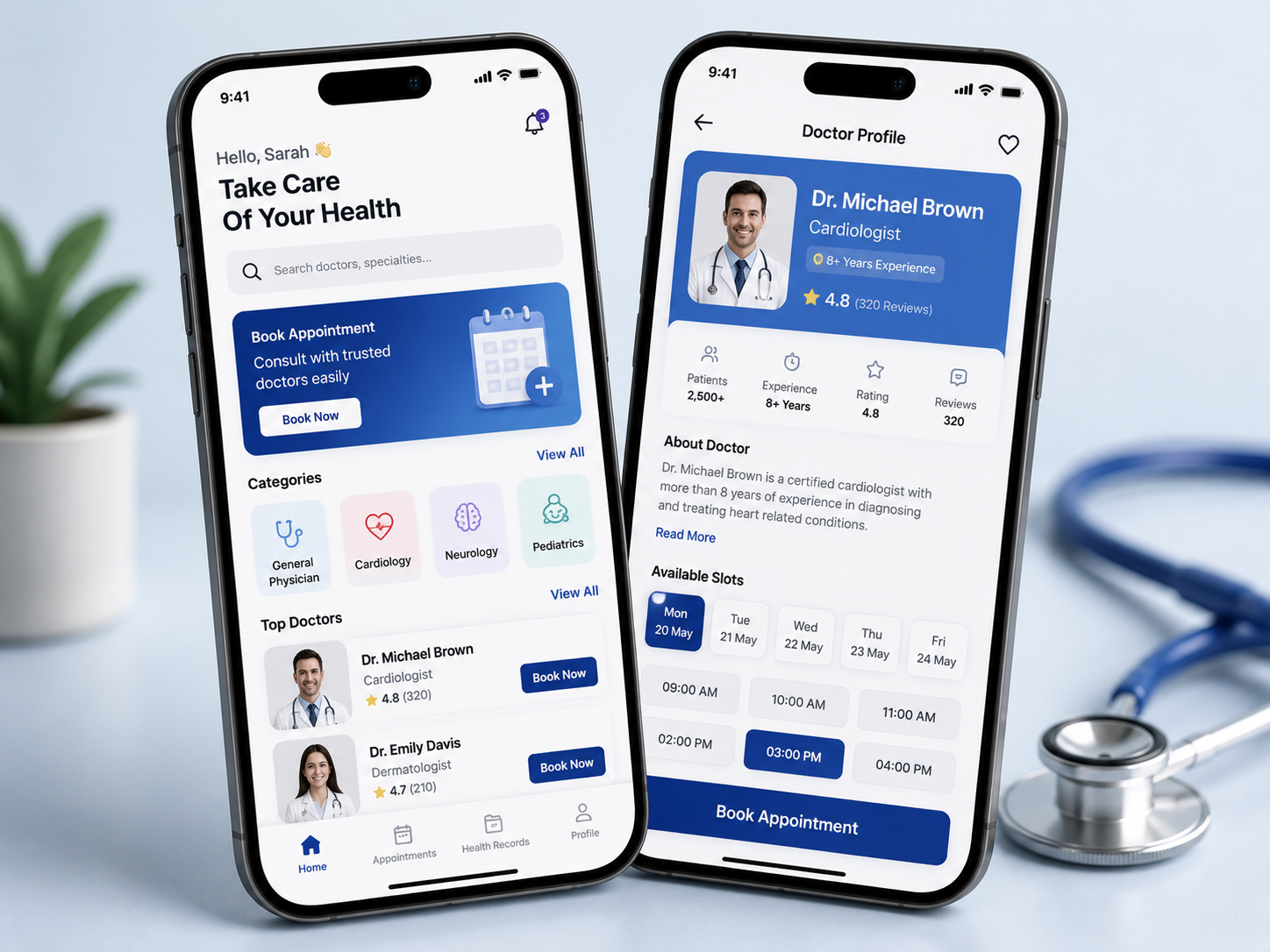 Healthcare mobile interface design with doctor search profiles and appointment booking