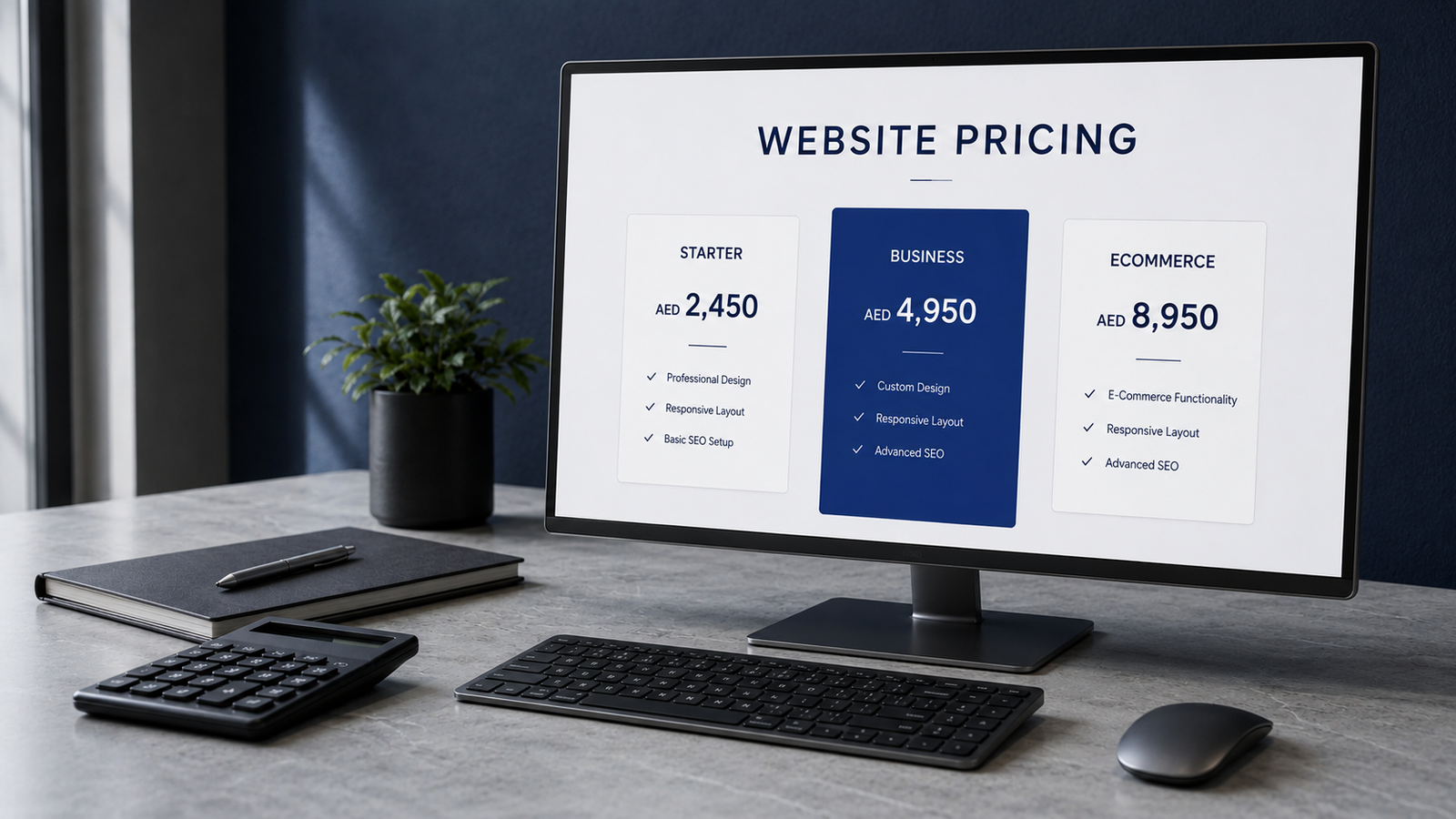 Web design pricing Dubai packages displayed on a desktop computer