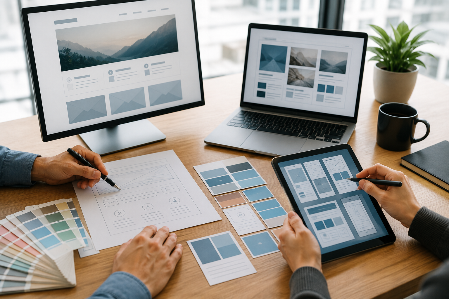 Custom web development design process with responsive website UX and UI layouts